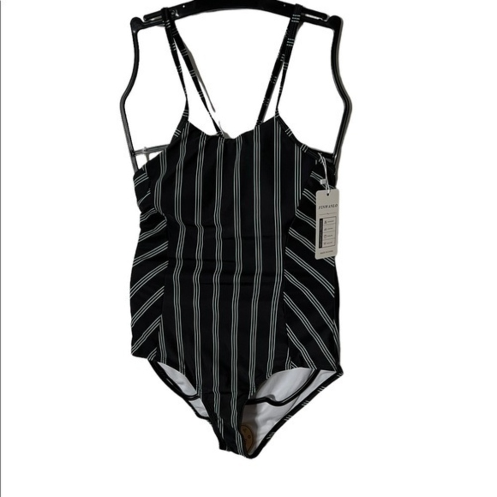 Finwanlo Black One Piece Striped Swim Suit Size Medium